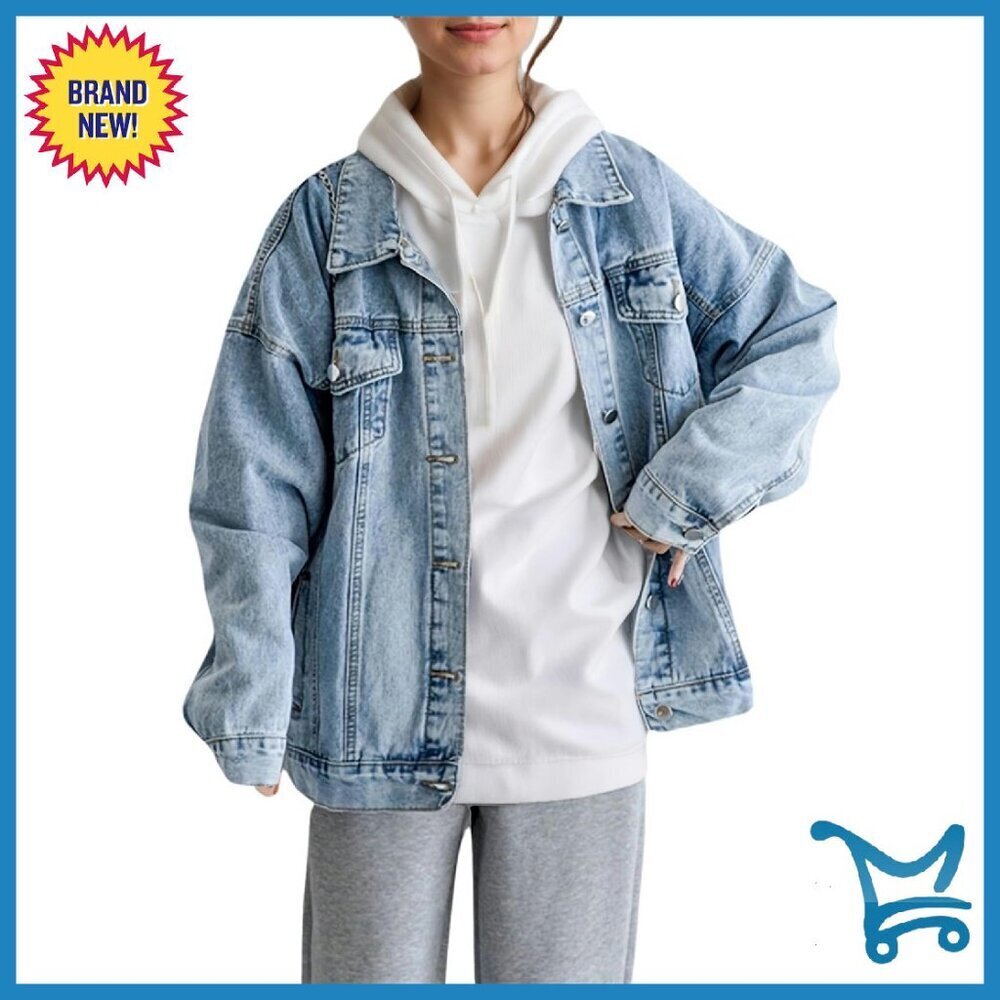 Oversized Denim Jacket Boyfriend Fit Long Sleeve Button Closure